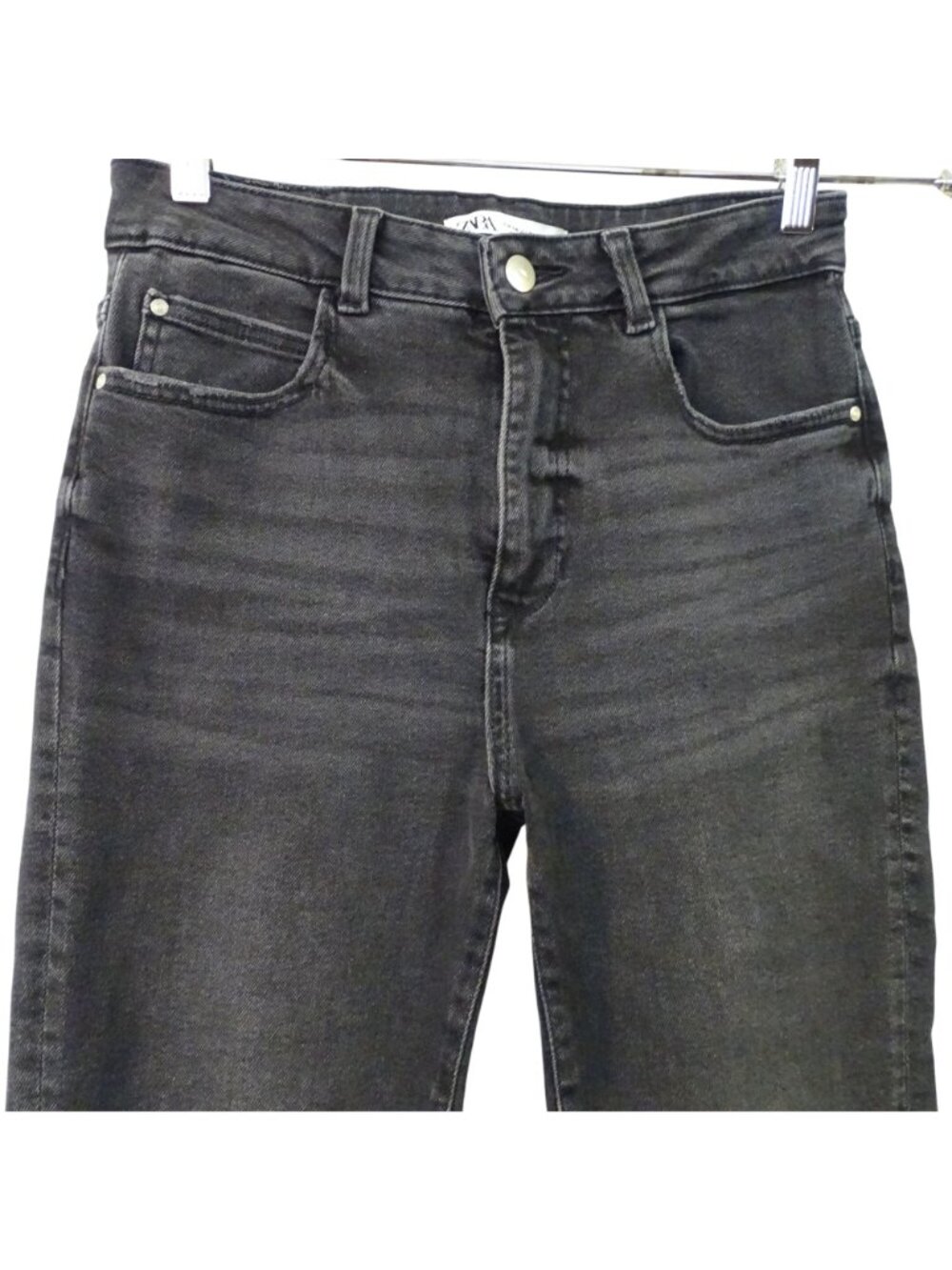 Zara Black Washed Boot Flare Jeans Women Size 8 High Rise Raw Hem Denim Grunge - Picture 2 of 10